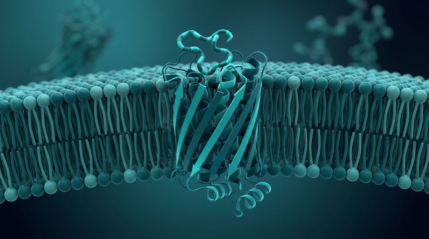 Scientific illustration: a GLP-1 receptor in a membrane bound by a peptide hormone.