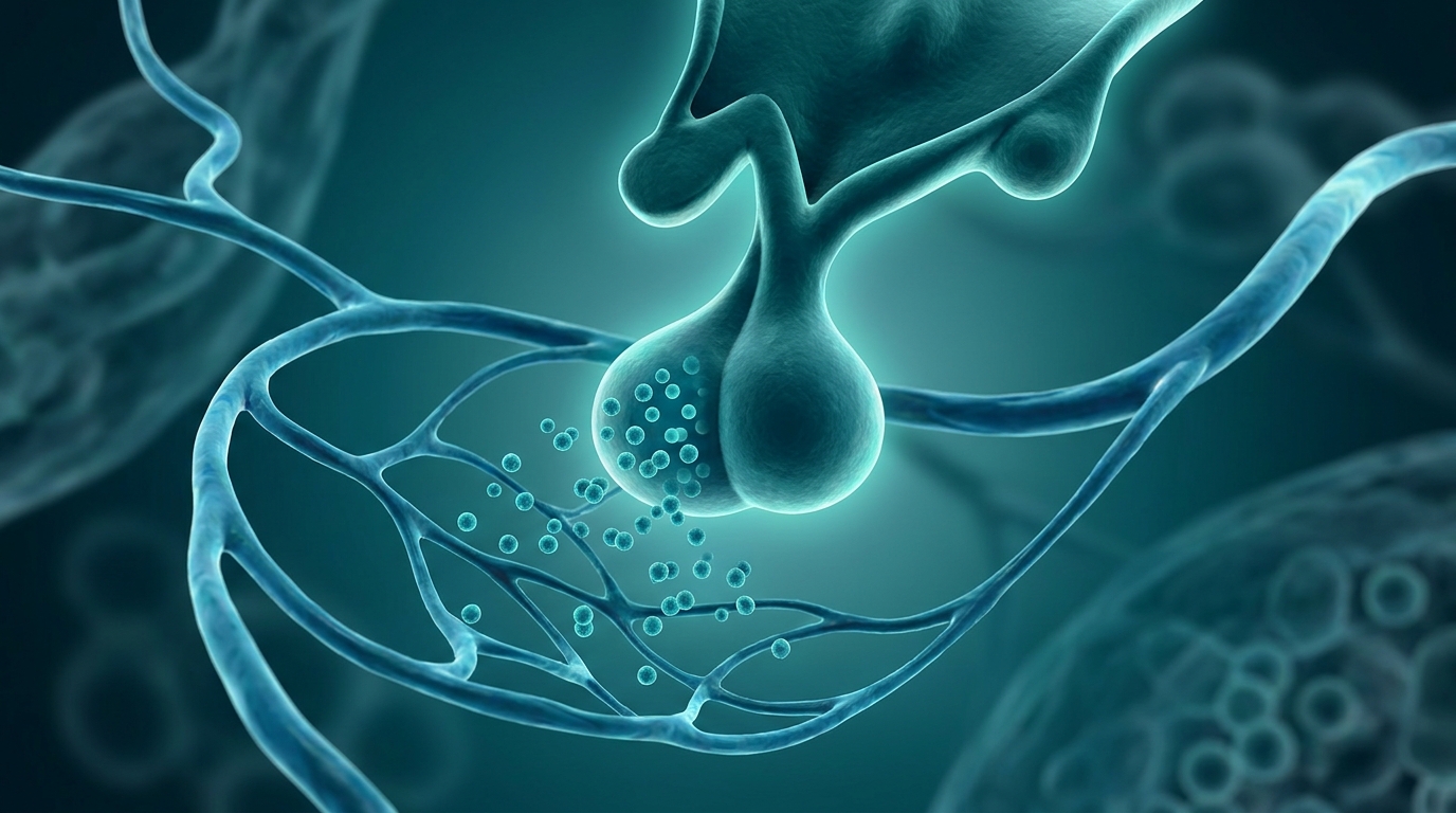 Scientific illustration: the pituitary gland releasing growth hormone into circulation.