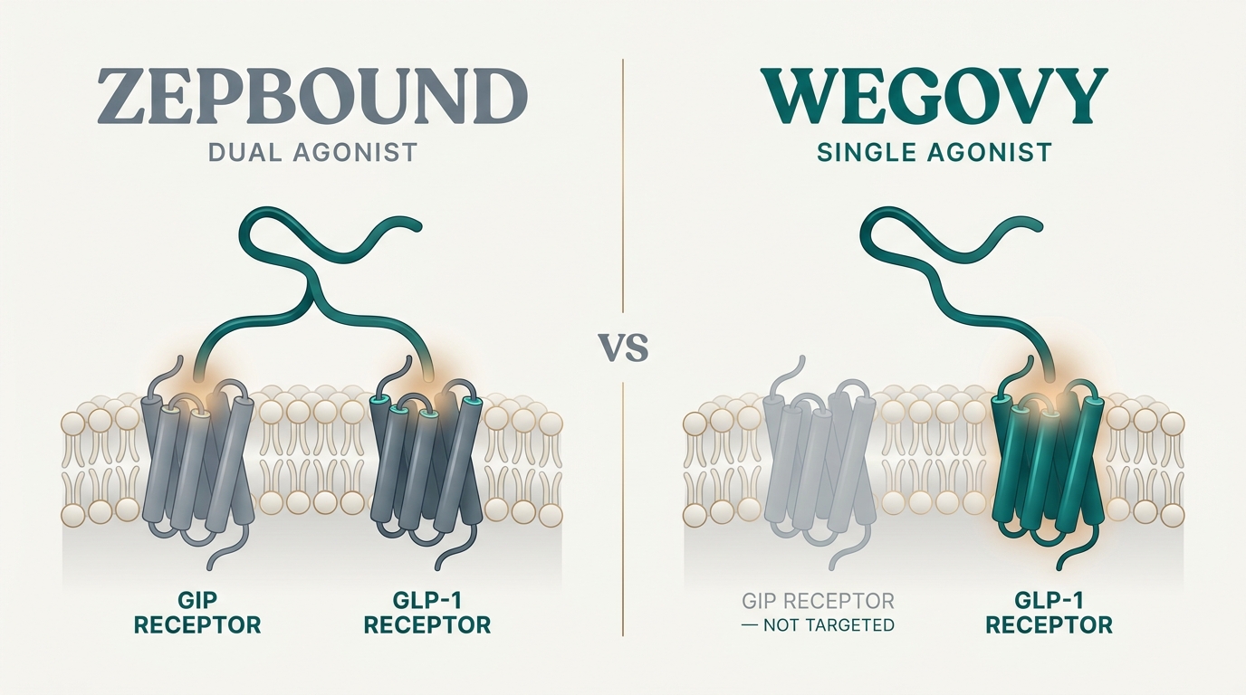 Educational mechanism-of-action diagram. Left panel labeled ZEPBOUND (dual agonist) shows a peptide engaging both the GIP receptor and the GLP-1 receptor in a cell membrane. Right panel labeled WEGOVY (single agonist) shows only the GLP-1 receptor engaged, with the GIP receptor faded and labeled "not targeted". A central VS separates the two panels.